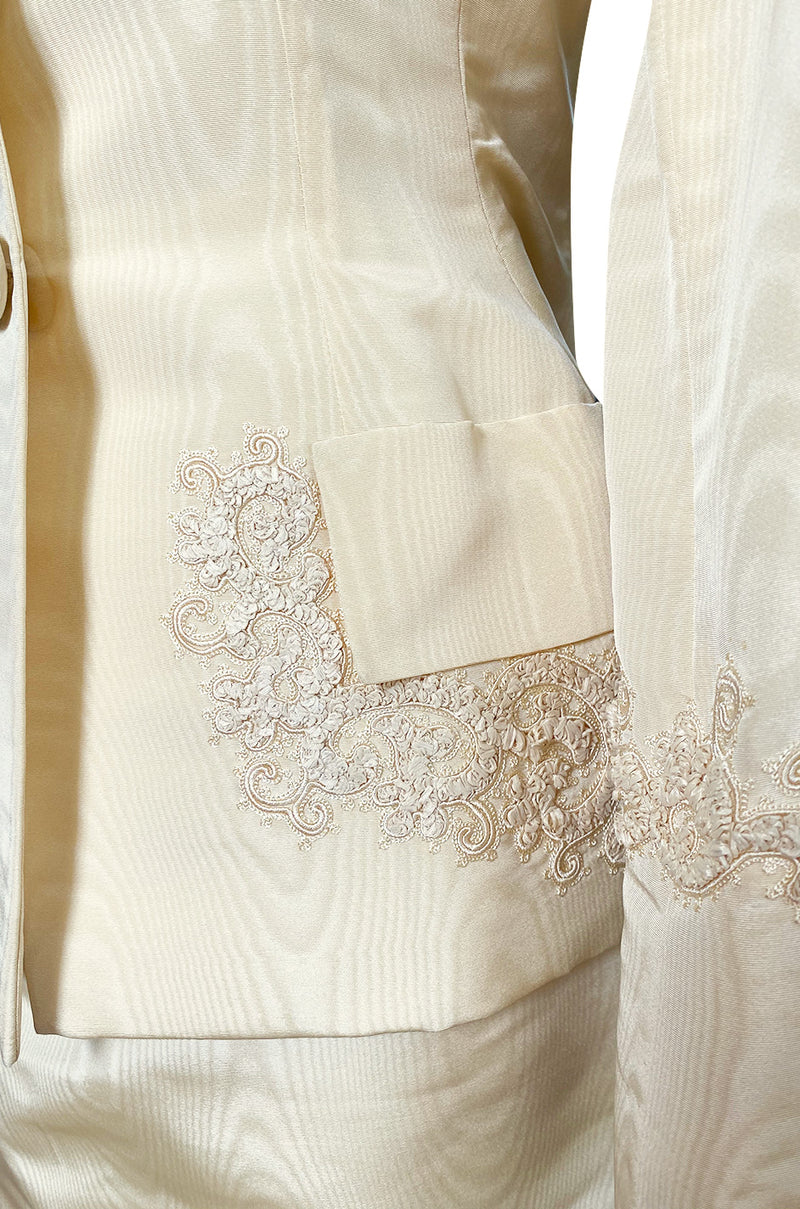 1980s Bill Blass Ivory Moire Silk Suit w Extensive Raffia & Embroidered Detailing