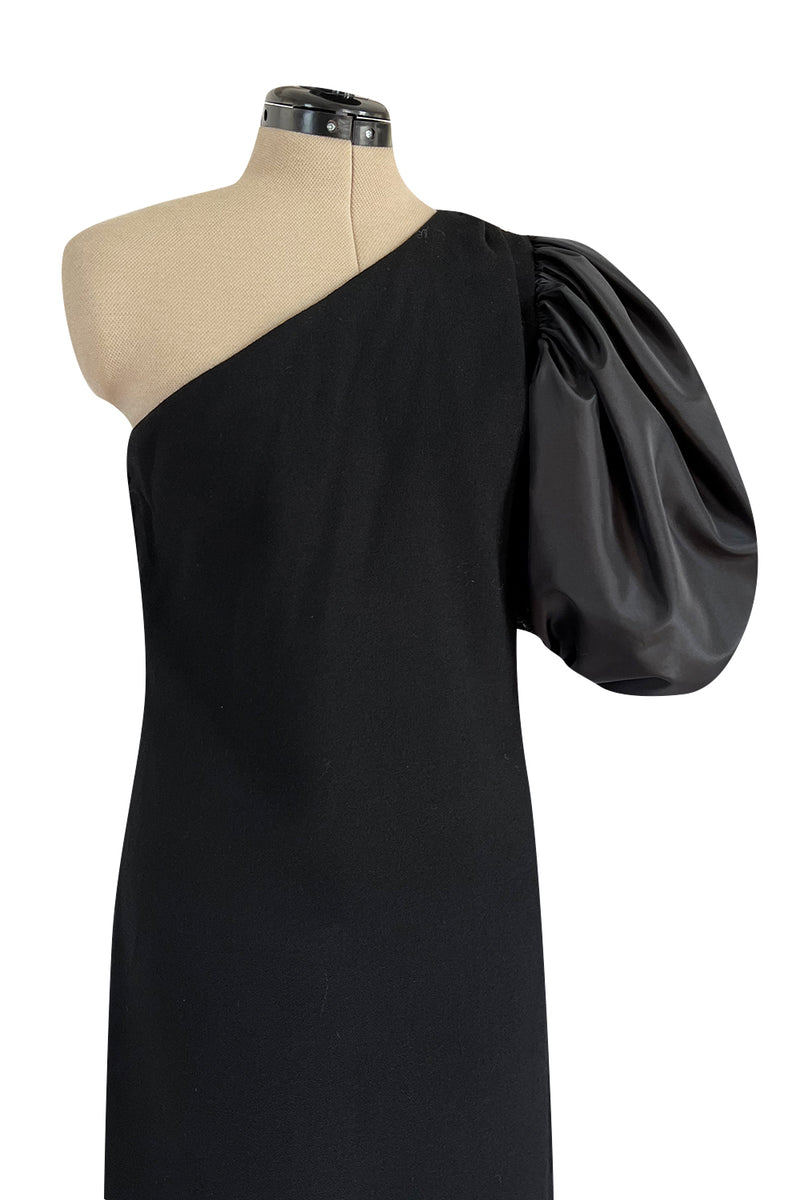 Fabulous 1980s Bill Blass One Shoulder Black Crepe & Taffeta Puff Sleeve Dress