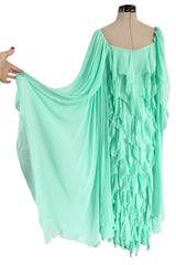 Prettiest 1980s Stavropoulos Soft Mint Green Silk Chiffon Dress w Full Cape Sleeves