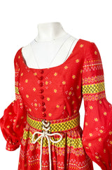 Spring 1971 Oscar de la Renta Red Printed Dress w Pouf Sleeves & Original Belt