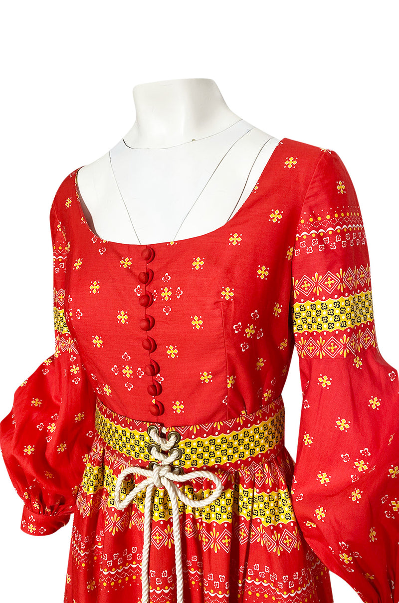 Spring 1971 Oscar de la Renta Red Printed Dress w Pouf Sleeves & Original Belt