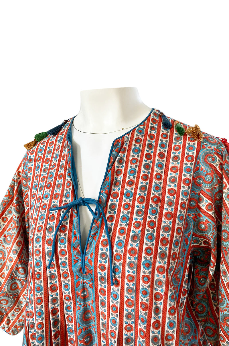 1970s Treacy Lowe Printed Cotton Caftan Dress w Tassel Bead Trimming