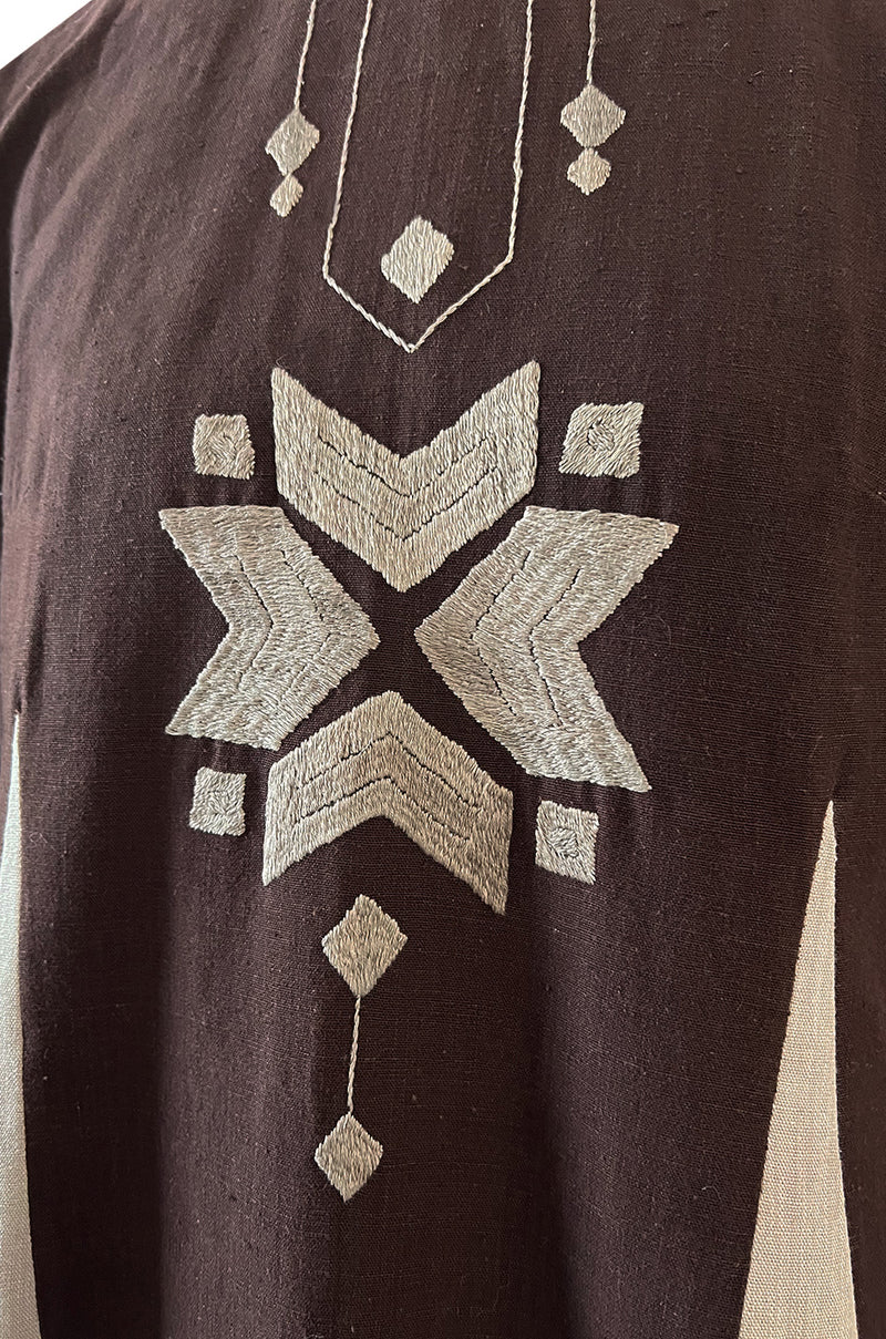 1960s Josefa Hand Embroidered Chocolate & Natural Linen Colour Bell Sleeve Caftan