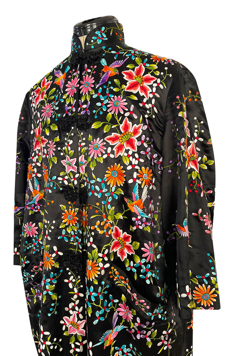 Extraordinary 1920s Colourful Densely Embroidered Black Silk Asian Evening Coat