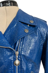 Fantastic 1990s Moschino Jeans Bright Blue Patent Faux Leather Motorcycle Jacket