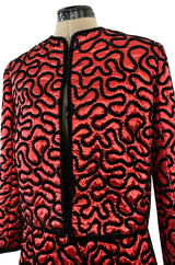 Documented Fall 1981 Chanel Red Metallic Silk Skirt & Jacket Set w Hand Applied Chenille Cording Detail