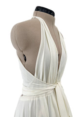 Faboulous 1970s Halston Ivory Jersey Dress W Plunged Front Full Skirt & Tie Waist