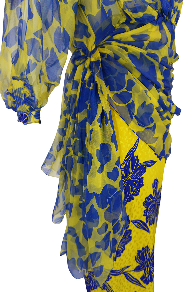 1970s James Galanos Couture Draped Printed Floral Silk Dress