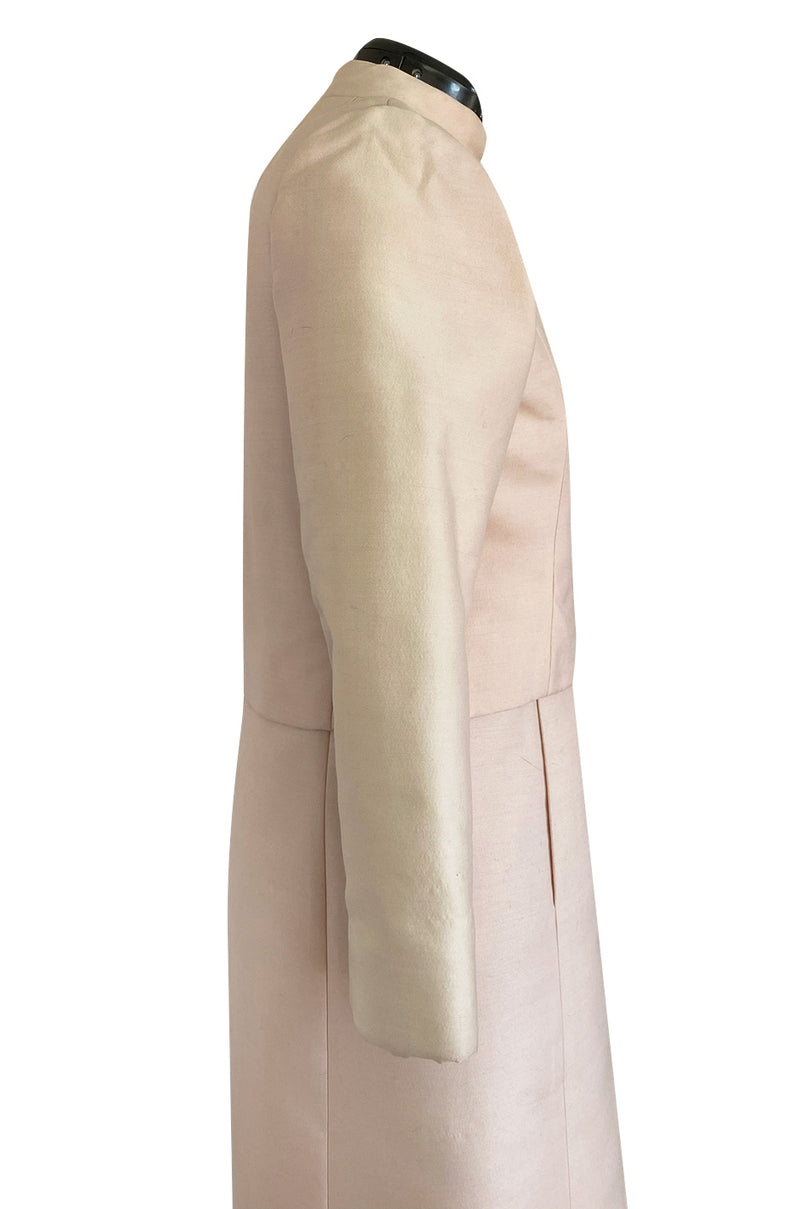 Late 1960s Malcolm Starr Butterfly Embroidered Collar Pale Pink Silk Shift Dress & Jacket Set