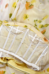 1961 Ferdinando Sarmi Strapless Yellow Floral Print Silk Chiffon Dress w Front Bow Detail