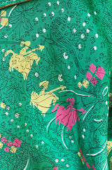 1940s Unlabeled Green Silk Horse & Knight Jousting Print Dress