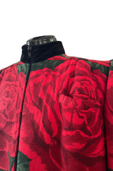 Fall 1985 Valentino Runway Felted Wool & Velvet Trim Over-sized Coat w Huge Rose Print Coat
