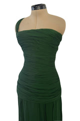Spectacular Late 1970s Galanos Moss Green Silk Chiffon Car Wash Hem Dress w Draped Shoulder Panel