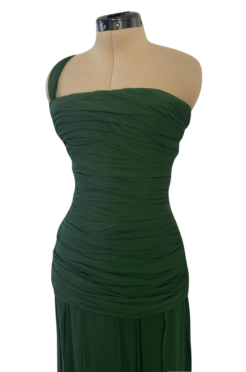 Spectacular Late 1970s Galanos Moss Green Silk Chiffon Car Wash Hem Dress w Draped Shoulder Panel