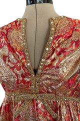 Stunning 1960s Malcolm Starr Light Silk Brocade Coral Red & Gold Metallic Thread Dress
