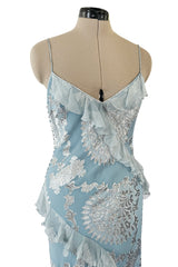 Iconic Fall 2004 John Galliano Bias Cut Blue Dress w Ruffles & Metallic Silver Detailing