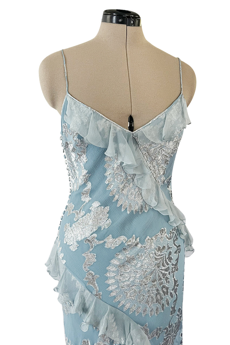 Iconic Fall 2004 John Galliano Bias Cut Blue Dress w Ruffles & Metallic Silver Detailing