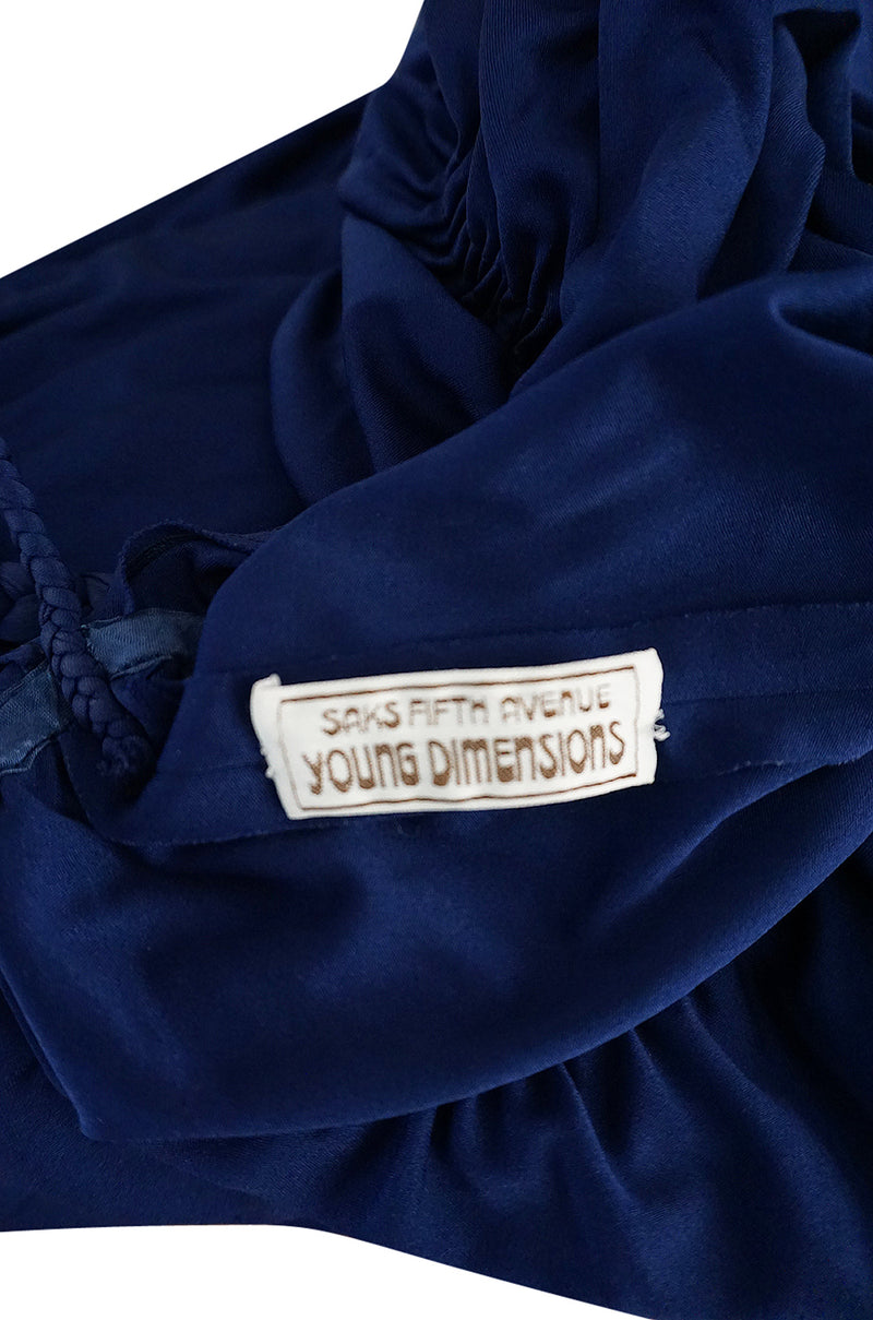 1970s Saks Youth Dimension Backless Jersey One Shoulder Blue Dress