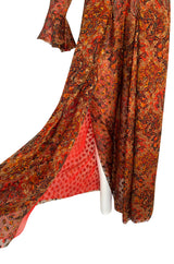 Late 1970s James Galanos Printed Rust & Coral Silk Chiffon Jumpsuit w Extra Wide Slit Pant Legs