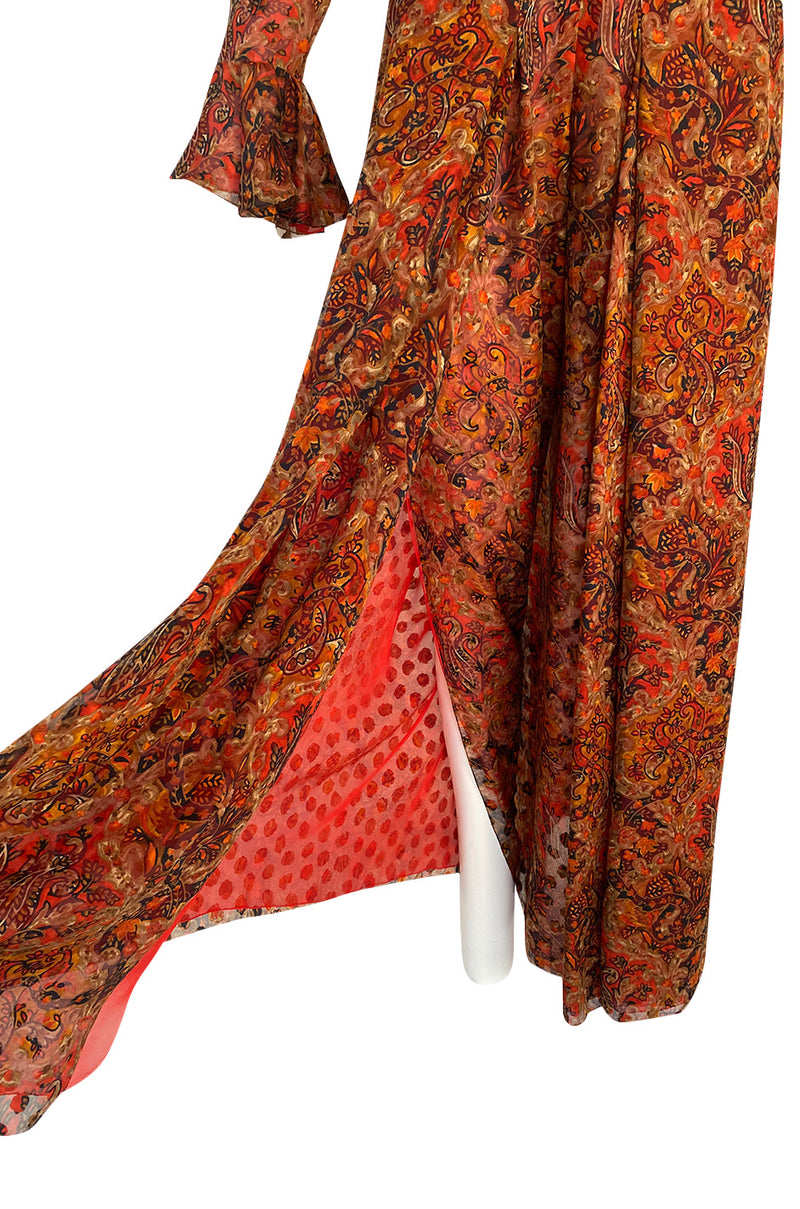 Late 1970s James Galanos Printed Rust & Coral Silk Chiffon Jumpsuit w Extra Wide Slit Pant Legs