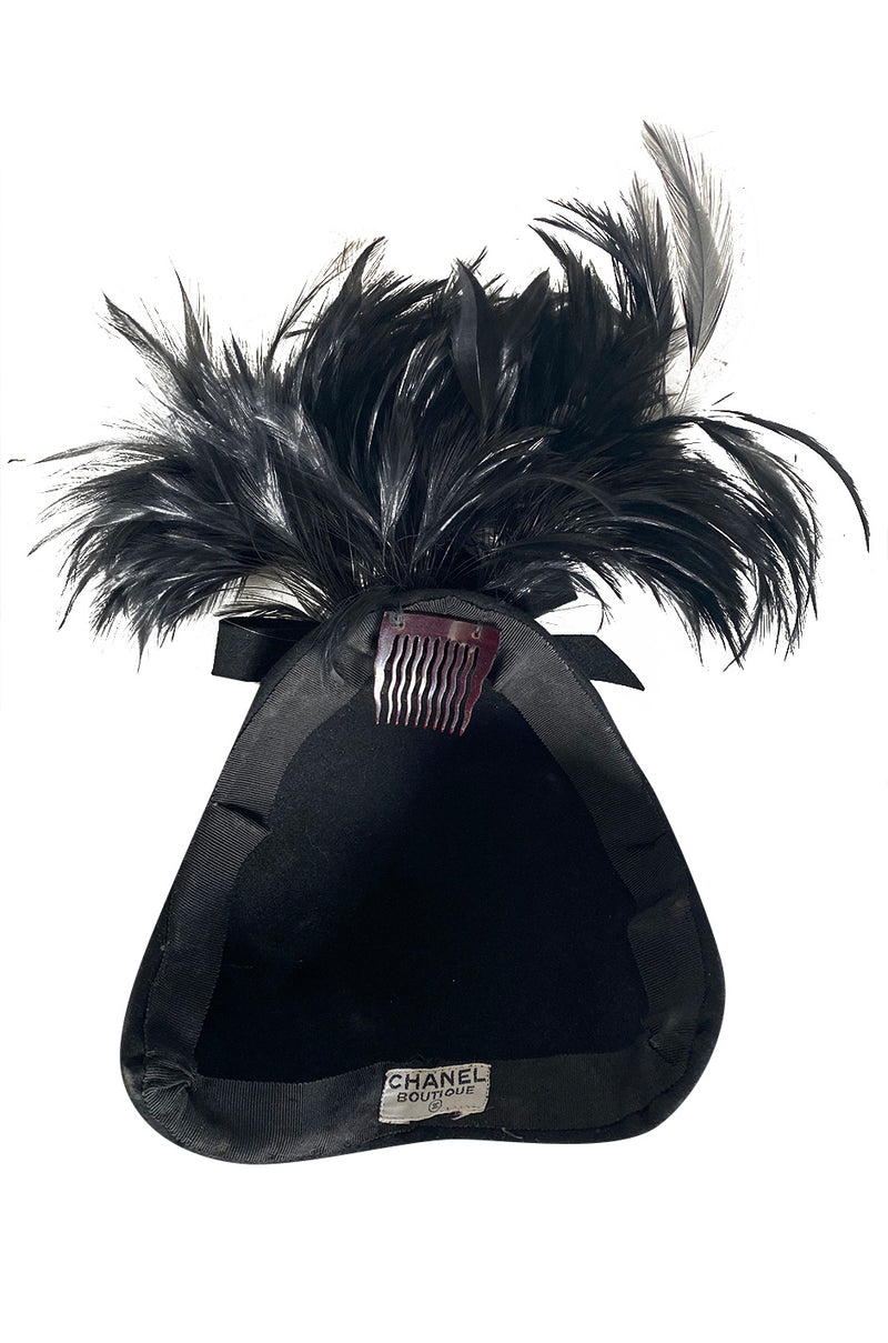 Documented Fall 1996 Chanel Black Felt Half Cap w High Feather Detailing