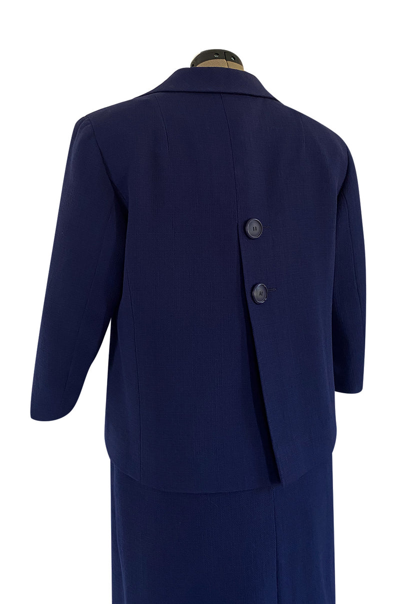 Spring 1960 Pierre Balmain Haute Couture Deep Blue Skirt Suit w Swing Back Button Detailing