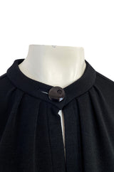 1970s Yves Saint Laurent Fine Black Wool Jersey Minimalist Cape w Button Neck