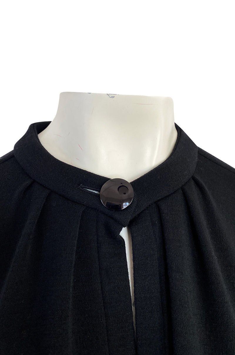 1970s Yves Saint Laurent Fine Black Wool Jersey Minimalist Cape w Button Neck