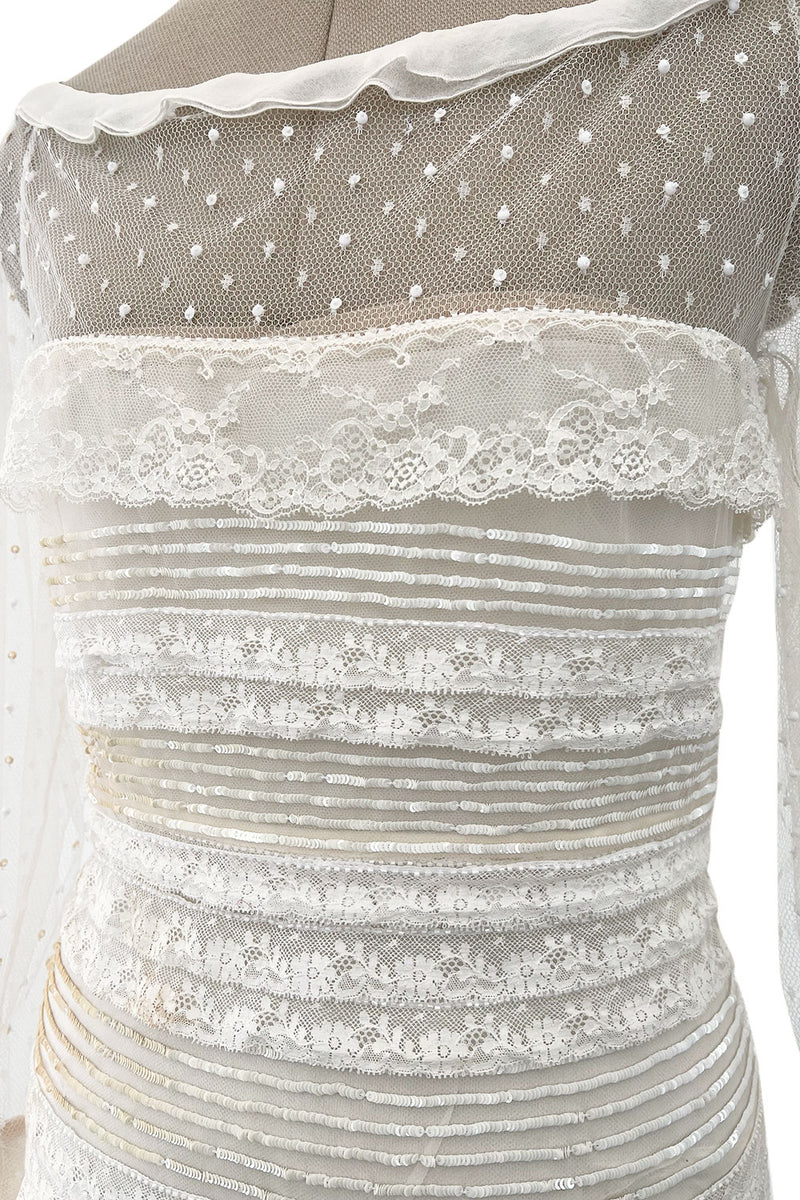Prettiest 2012 Valentino Tiered Ivory Lace Net Dress w Tiny Sequin & Bead Detailing