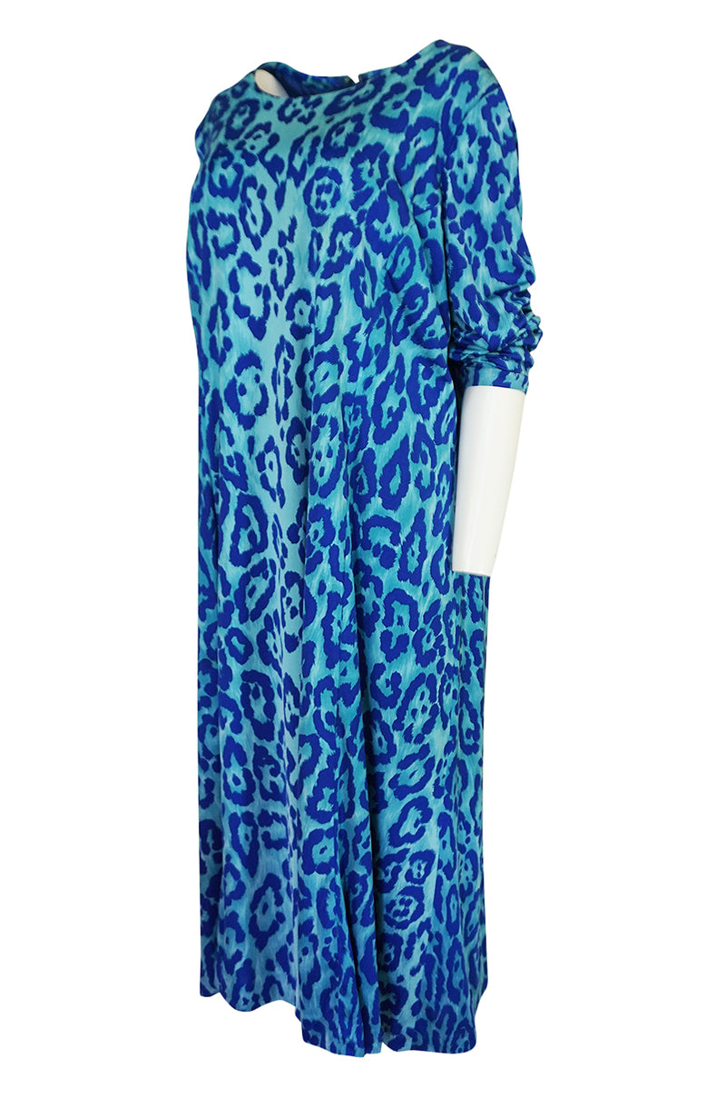 1970s La Mendola Silk Jersey Blue Print Dress & Knit Jersey Coat Set