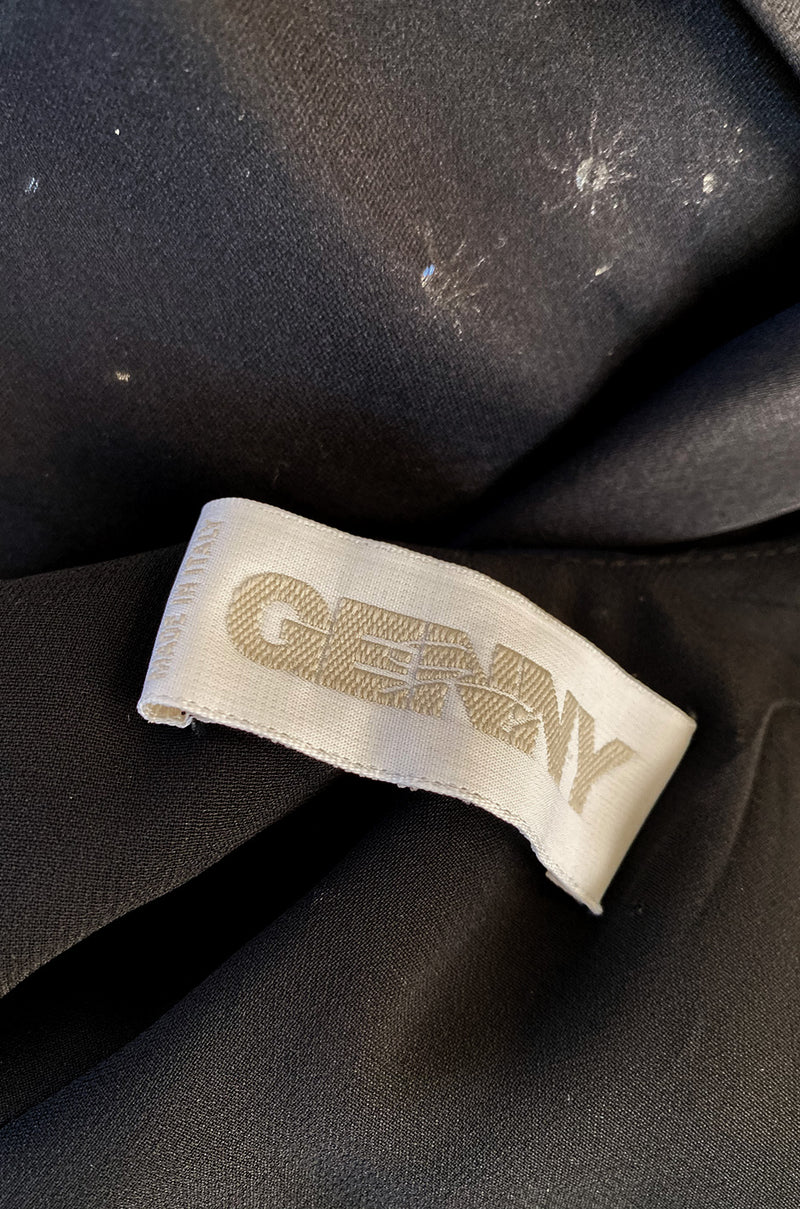 1980s Genny Draped Backless Black Silk Dress w Silver Star Thread Detailing