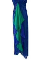 Prettiest 1970s Adele Simpson Deep Blue Chiffon Dress w Green Ruffle Front Halter Dress