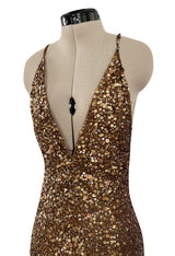 Fall 2002 Valentino Plunged Silk Net Chiffon Dress Completely Covered in Copper Sequins