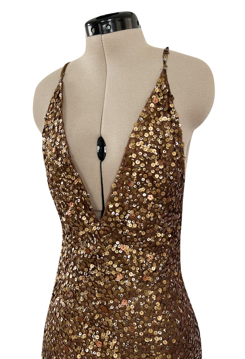 Fall 2002 Valentino Plunged Silk Net Chiffon Dress Completely Covered in Copper Sequins