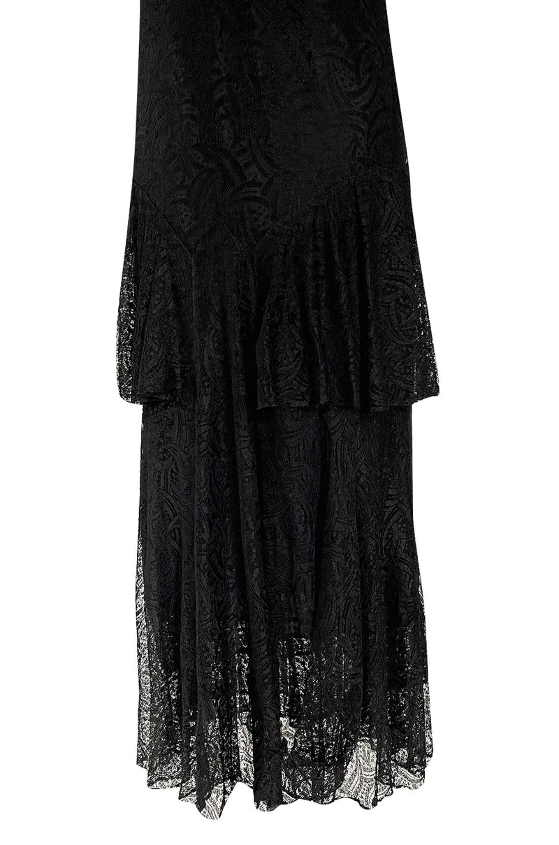 Light as Air Late 1920s Unlabeled Fine Black Lace Dress w Matching Jacket & Rhinestone BuckleBelt