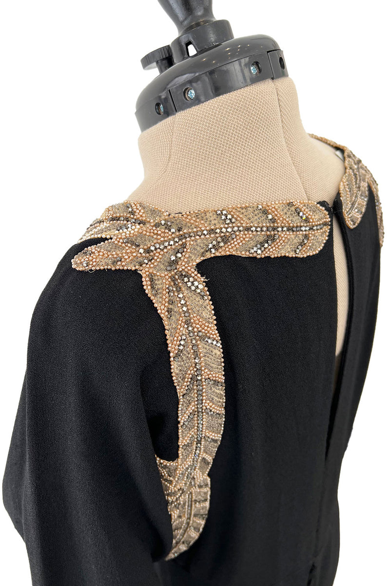 Fabulous 1930s Black Bias Cut Silk Crepe Dress w Unusual Rhinestone & Beaded Applique