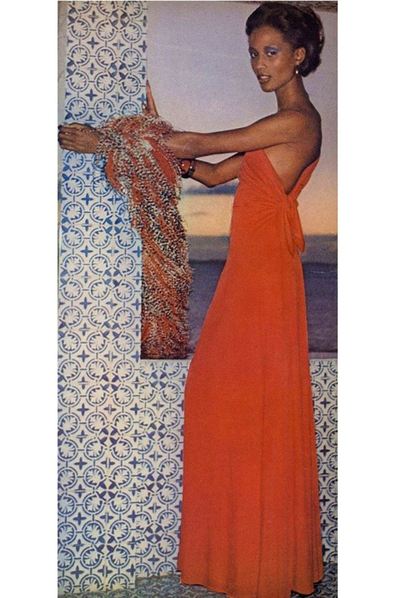 Documented 1973 Mollie Parnis One Shoulder Dipped Back Coral Jersey Dress