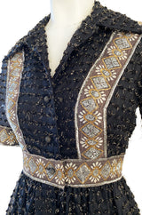 Late 1960s Oscar De La Renta Gold Metallic Eyelash Silk Organza Dress w Silver Metallic Detailing