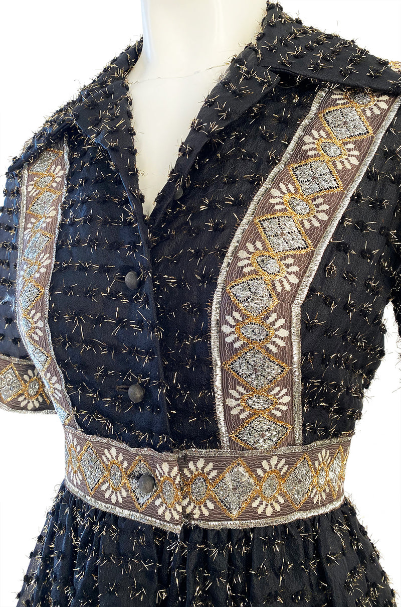 Late 1960s Oscar De La Renta Gold Metallic Eyelash Silk Organza Dress w Silver Metallic Detailing