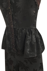 Rare 1970s Mary Quant Black Silk Floral Weave Maxi Dress w Peplum & Ruffled Hem