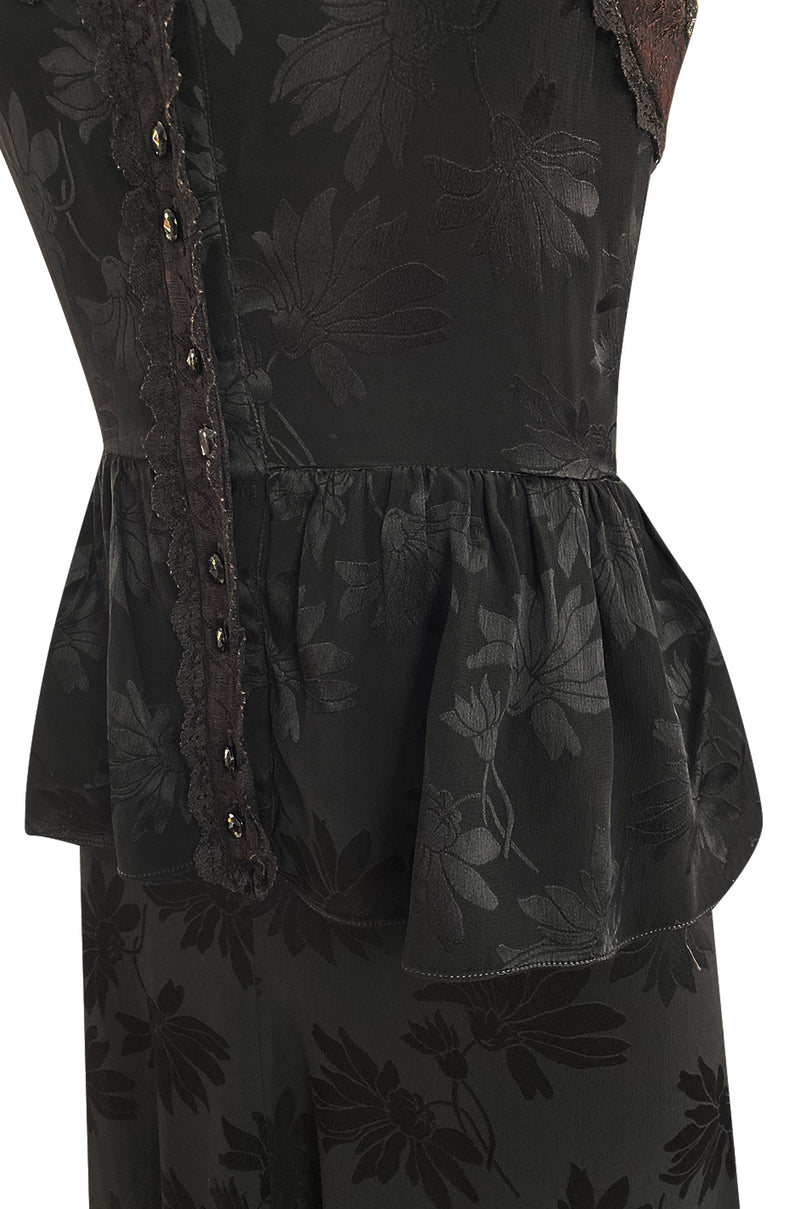 Rare 1970s Mary Quant Black Silk Floral Weave Maxi Dress w Peplum & Ruffled Hem
