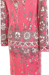 1970s Emilio Pucci Deep Pink Printed Silk Jersey Dress W High Snapped Slit Side Opening Skirt