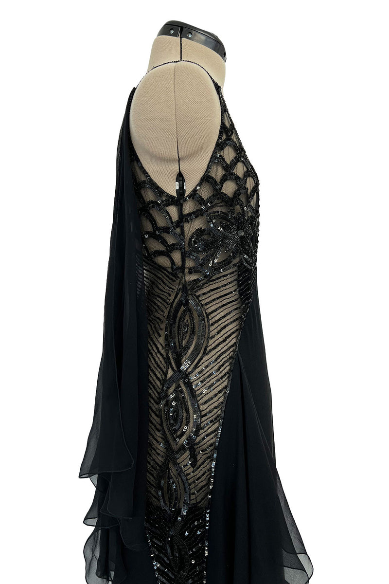 Spring 2000 Valentino Black Silk Dress w Shocking Sequin & Net Side Panel