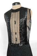 Amazing 1960s Jean Varon Sheer Sequin Bodice Jumpsuit w Wide Textured Pants