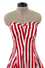 Spectacular 1930s Unlabeled Red & White Striped Cotton Strapless Sweetheart Dress