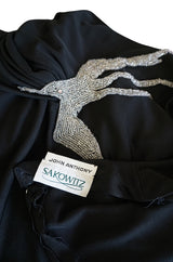 1970s John Anthony Demi-Couture Black Silk Jersey Dress w Hand Beaded Birds