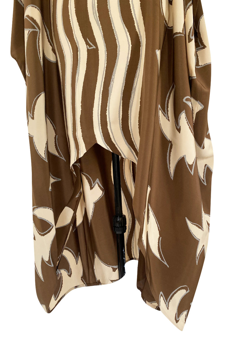 1980s Bill Blass Wavy Stripe & Abstract Print Pattern Soft Brown & Creamy Taupe Silk Caftan Dress