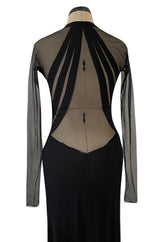 Spectacular 2005 John Anthony Couture Black Stretch Jersey Dress w Curved Netted Cut Outs