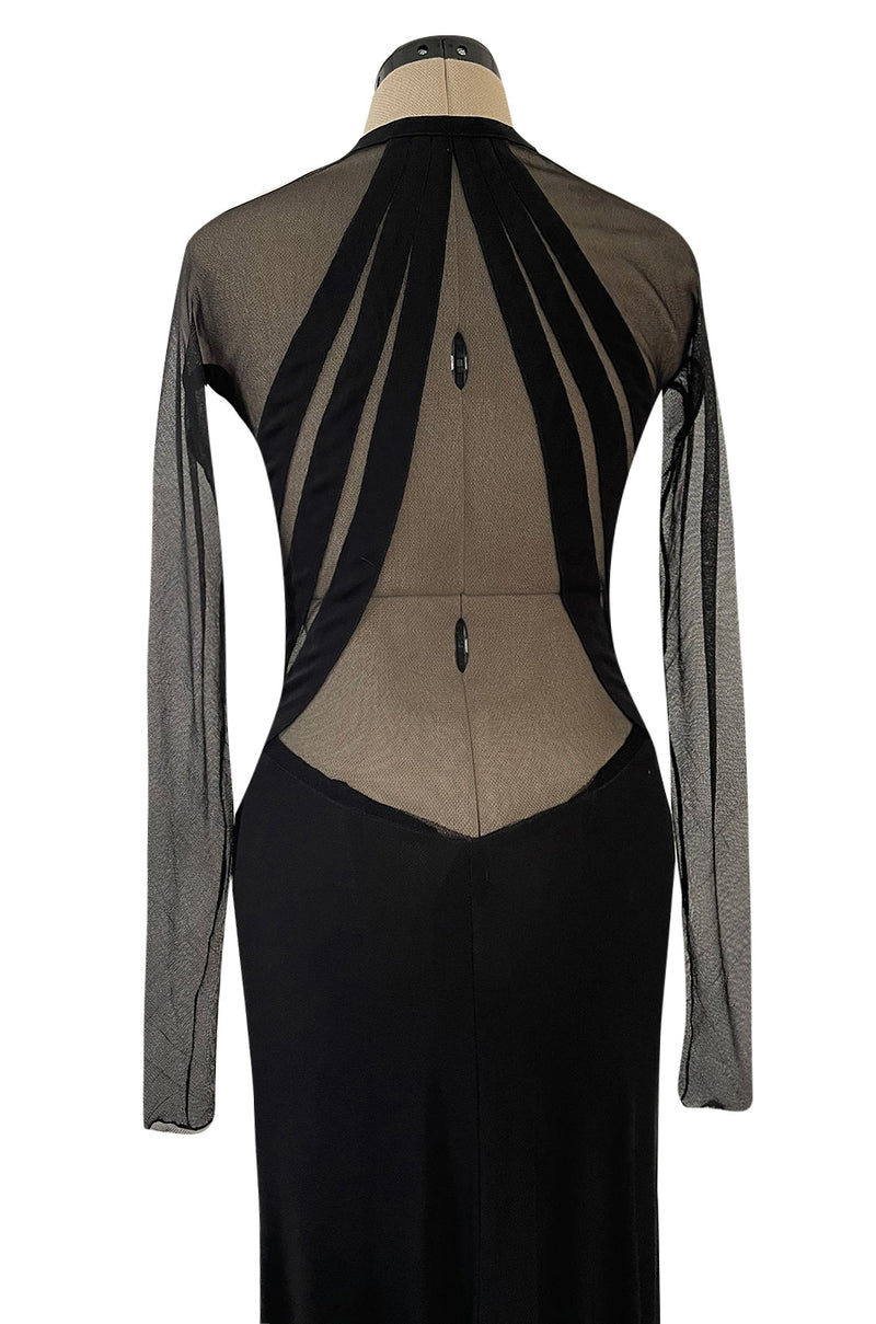 Spectacular 2005 John Anthony Couture Black Stretch Jersey Dress w Curved Netted Cut Outs