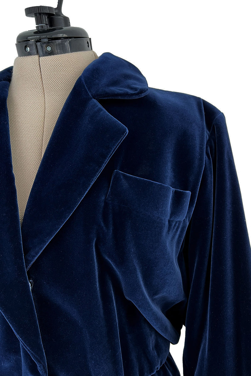Fantastic Fall 1985 Yves Saint Laurent Deep Runway Blue Velvet Jumpsuit w Slouchy Front Pockets